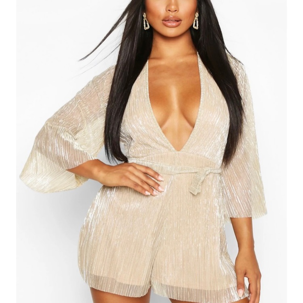Gold Plunged Tie Waist Playsuit